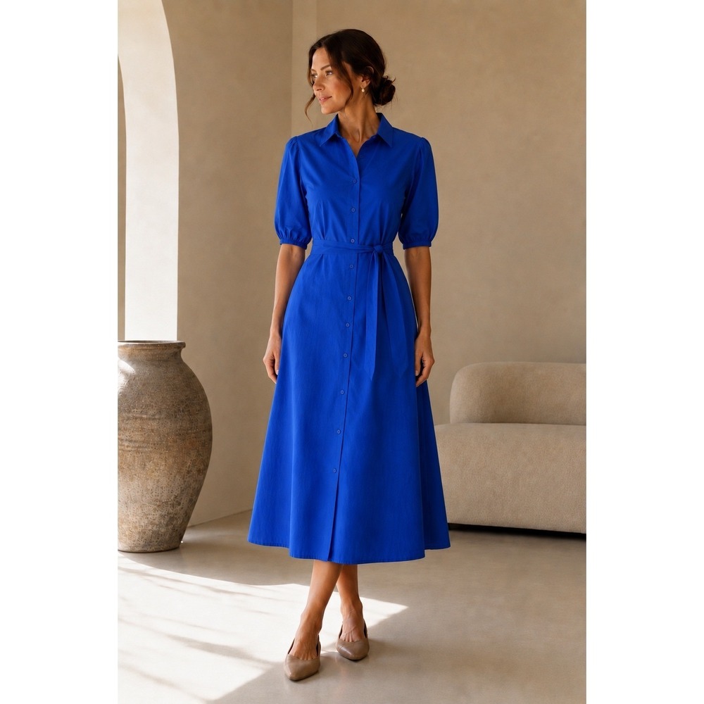 Civico51 Blue Button Front Midi Dress Women L (fits M) Cotton Poplin Italy *read